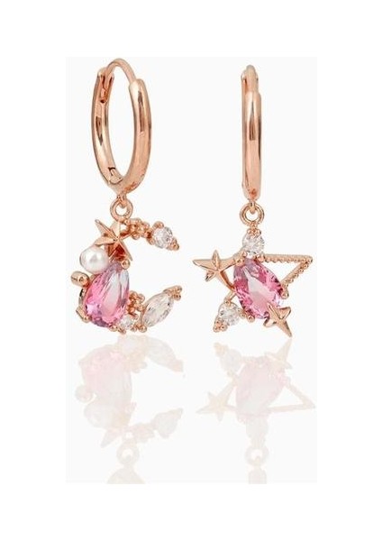 Gül Altın Yeni Ins Basit Yıldız Ay Küpe Vintage Zarif Pembe Zirkon Ay Yıldız Asimetrik Küpe Kadın Kızlar Için Moda Takı (Yurt Dışından) fiyatları