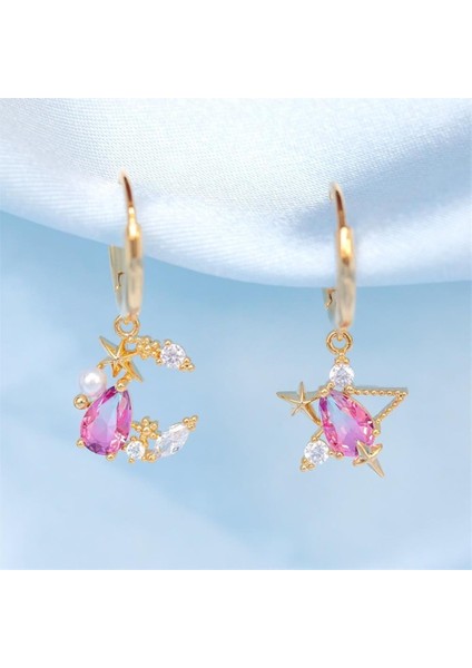 Gül Altın Yeni Ins Basit Yıldız Ay Küpe Vintage Zarif Pembe Zirkon Ay Yıldız Asimetrik Küpe Kadın Kızlar Için Moda Takı (Yurt Dışından) modelleri