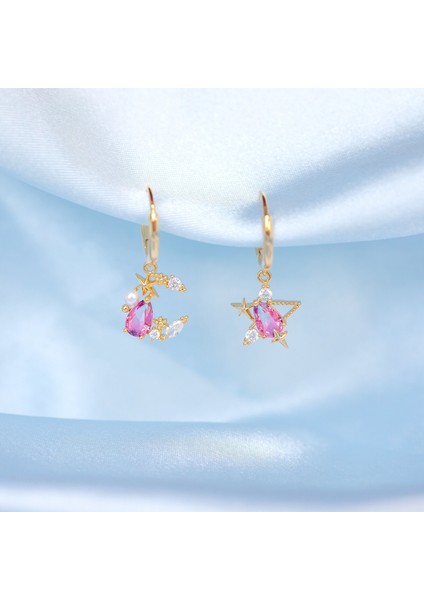 Gül Altın Yeni Ins Basit Yıldız Ay Küpe Vintage Zarif Pembe Zirkon Ay Yıldız Asimetrik Küpe Kadın Kızlar Için Moda Takı (Yurt Dışından) fırsatları