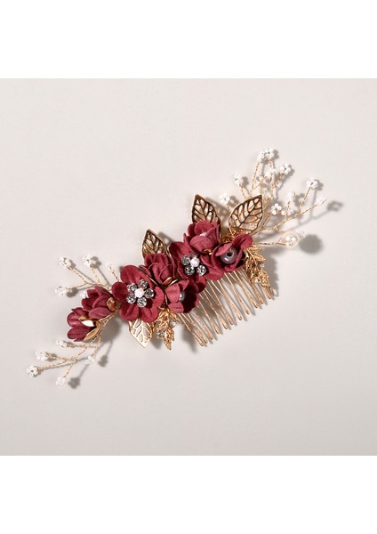 Şarap Kırmızısı D Gelin Saç Aksesuarları Kadınlar Için Çiçek Inci Başlığı Tiara Düğün Tokası Klip Tokalar Gelin Saç Tarak Süsler Takı (Yurt Dışından)