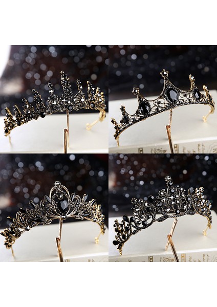 Stil W Siyah Barok Retro Siyah Lüks Gelin Kristal Tiaras Taçlar Prenses Kraliçe Pageant Balo Taklidi Peçe Tiara Düğün Saç Aksesuarı (Yurt Dışından)