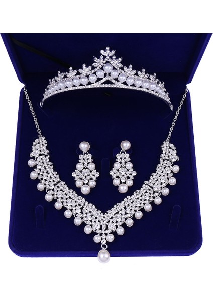 Resim Olarak Moda Zirkon Gelin Takı Setleri Düğün Taç Kolye Küpe Pin Inci Kristal Tiara ve Taçlar Saç Süsler Kadın (Yurt Dışından)