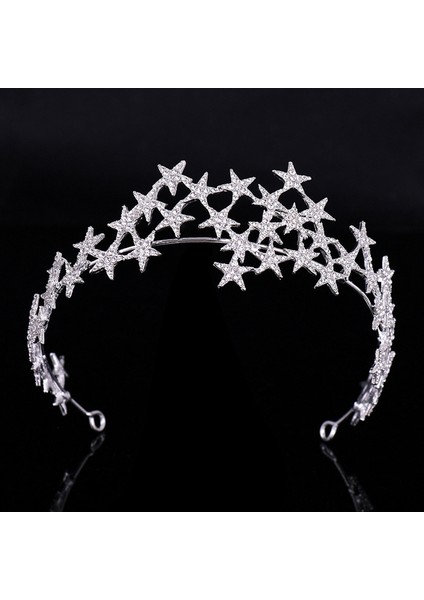 Gümüş Tiara Kristal Yıldız Tiara Taç Düğün Gelin Rhinestones Taç Bandı Gelin Headdress Başlığı Kadın Kız Saç Takı Aksesuarları (Yurt Dışından)
