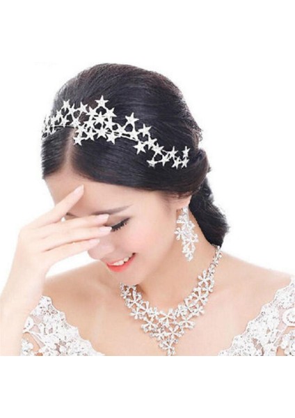 Gümüş Tiara Kristal Yıldız Tiara Taç Düğün Gelin Rhinestones Taç Bandı Gelin Headdress Başlığı Kadın Kız Saç Takı Aksesuarları (Yurt Dışından) modelleri