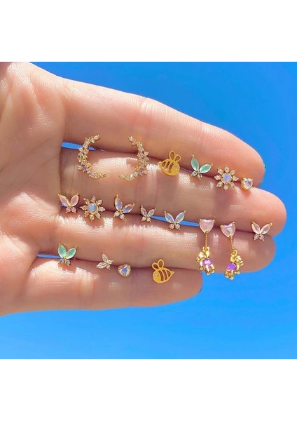 E1009-ALTIN Geometrik Sarı Pembe Kübik Zirkonya Altın Kaplama Vermeil 925 Ayar Gümüş Sevimli Küçük Dangle Damla Küpe (Yurt Dışından)