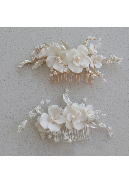 2146 Altın Slbrıdal El Yapımı Alaşım Yaprak Taklidi Seramik Çiçek Tatlı Su Incileri Gelin Saç Tarağı Düğün Saç Aksesuarları Kadınlar Takı (Yurt Dışından) fiyatları