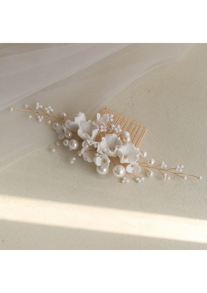 Altın Beyaz Porselen Çiçek Gelin Tarak Saç Parçası Inciler Düğün Takısı El Yapımı Kadın Başlığı Saç Süsleme (Yurt Dışından)