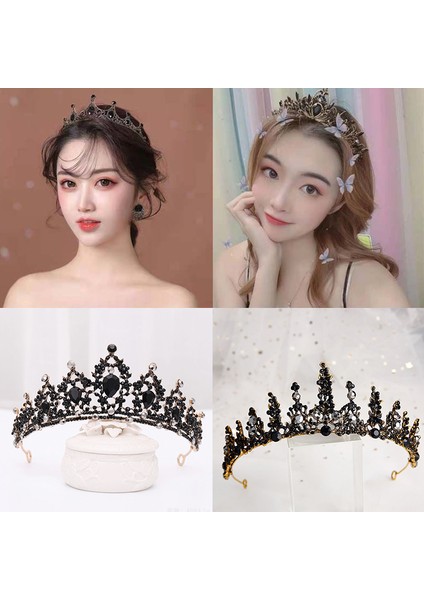 Bir Barok Retro Siyah Lüks Gelin Kristal Tiaras Taçlar Prenses Kraliçe Taklidi Peçe Tiara Düğün Hairwear Saç Aksesuarı (Yurt Dışından)