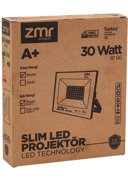 30 Watt 6500K IP66 150* Işık Açısı 220 Volt Siyah Slim Kasa LED Projektör 220 W Siyah 100 W