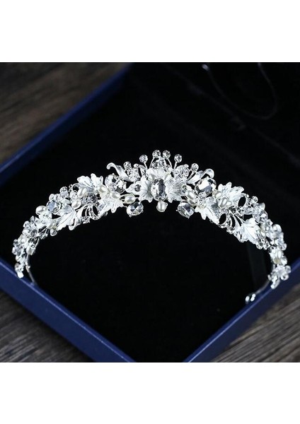 H011 Gümüş Renk Vintage Seramik Taklidi Inci Çiçek Gelin Taçlar Tiara Bantlar Kristal Diadem Taç Düğün Saç Aksesuarları (Yurt Dışından)