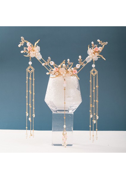 Altın Çin Uzun Saç Tokası Tiara Başlığı Kadın Saç Aksesuarları Çiçek Kristal Inci Saç Tokası El Yapımı Hanfu Saç Takı Seti (Yurt Dışından)