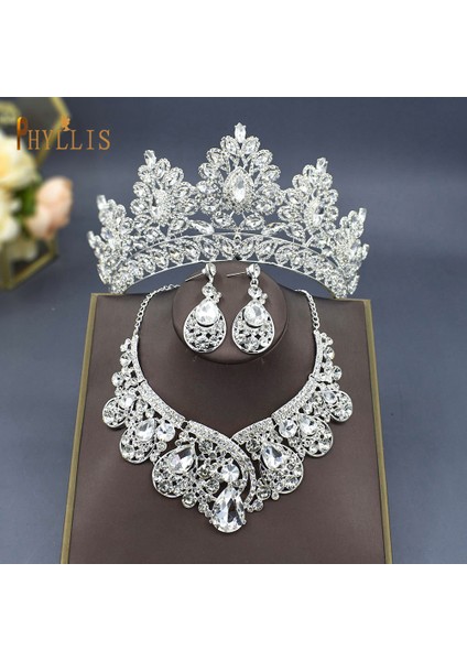 C49 Set Gümüş A07 Kadın Klasik Düğün Takı Seti Rhinestone Tiaras Taç Kolye Küpe Seti Pageant Diadem Gelin Dubai Takı Seti (Yurt Dışından)