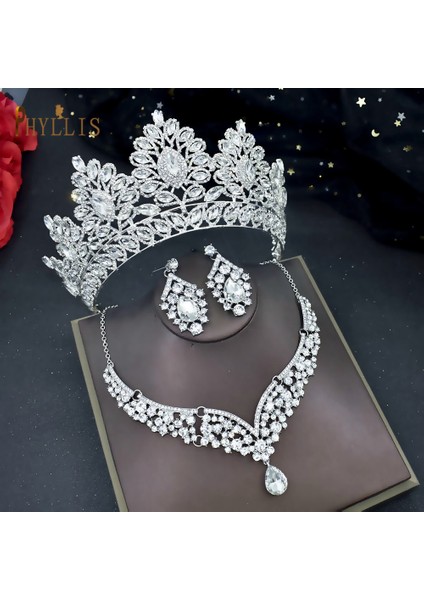 C49 Set Gümüş A07 Kadın Klasik Düğün Takı Seti Rhinestone Tiaras Taç Kolye Küpe Seti Pageant Diadem Gelin Dubai Takı Seti (Yurt Dışından)