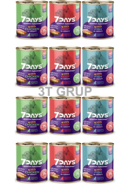 7days Karışık Kedi Konservesi Yetişkin 3 Çeşit 415 gr x 12 Adet