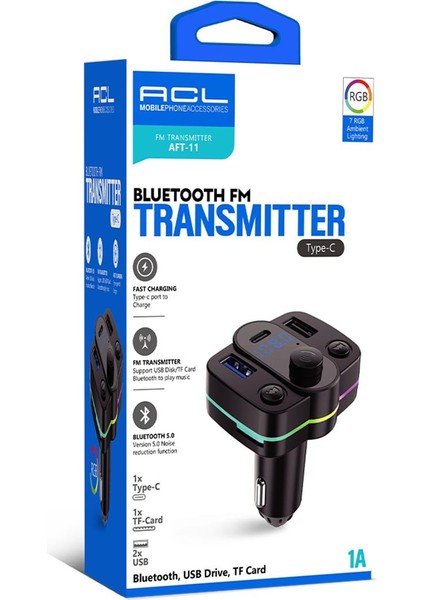 Aft-11 Rgb Type-C Fm Transmitter Müzik Oynatıcı Kablosuz Bağlantı+Araç Şarjı