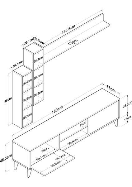 A9 Duvar Raflı Tv Ünitesi Kitaplıklı Tv Sehpası Duvara Monte Raflı Modern Ayaklı 180 cm Minyatür Ceviz M16