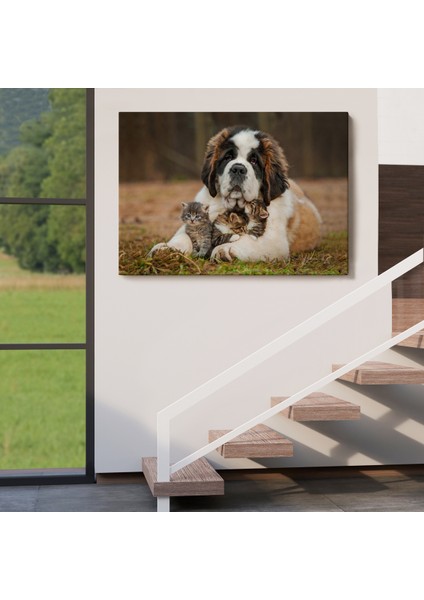 St. Bernard Köpek ve Yavru Kediler Dekoratif Kanvas Tablo 1124