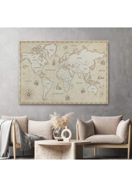 Eskitme Dünya Haritası Vintage Dekoratif Kanvas Tablo 1075 fiyatları