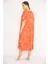 Kadın Oranj Büyük Beden Dokuma Viskon Kumaş Kısa Kollu Elbise 8