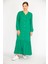 Kadın Yeşil Büyük Beden Dokuma Viskon Kumaş Ön Boy Düğmeli Uzun Kollu Elbise 6
