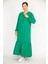 Kadın Yeşil Büyük Beden Dokuma Viskon Kumaş Ön Boy Düğmeli Uzun Kollu Elbise 7