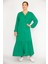Kadın Yeşil Büyük Beden Dokuma Viskon Kumaş Ön Boy Düğmeli Uzun Kollu Elbise 8