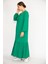 Kadın Yeşil Büyük Beden Dokuma Viskon Kumaş Ön Boy Düğmeli Uzun Kollu Elbise 9