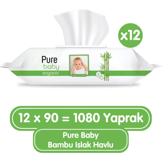 Pure Baby Organik Bambu Özlü Islak Havlu 12 x 90 1080 Yaprak