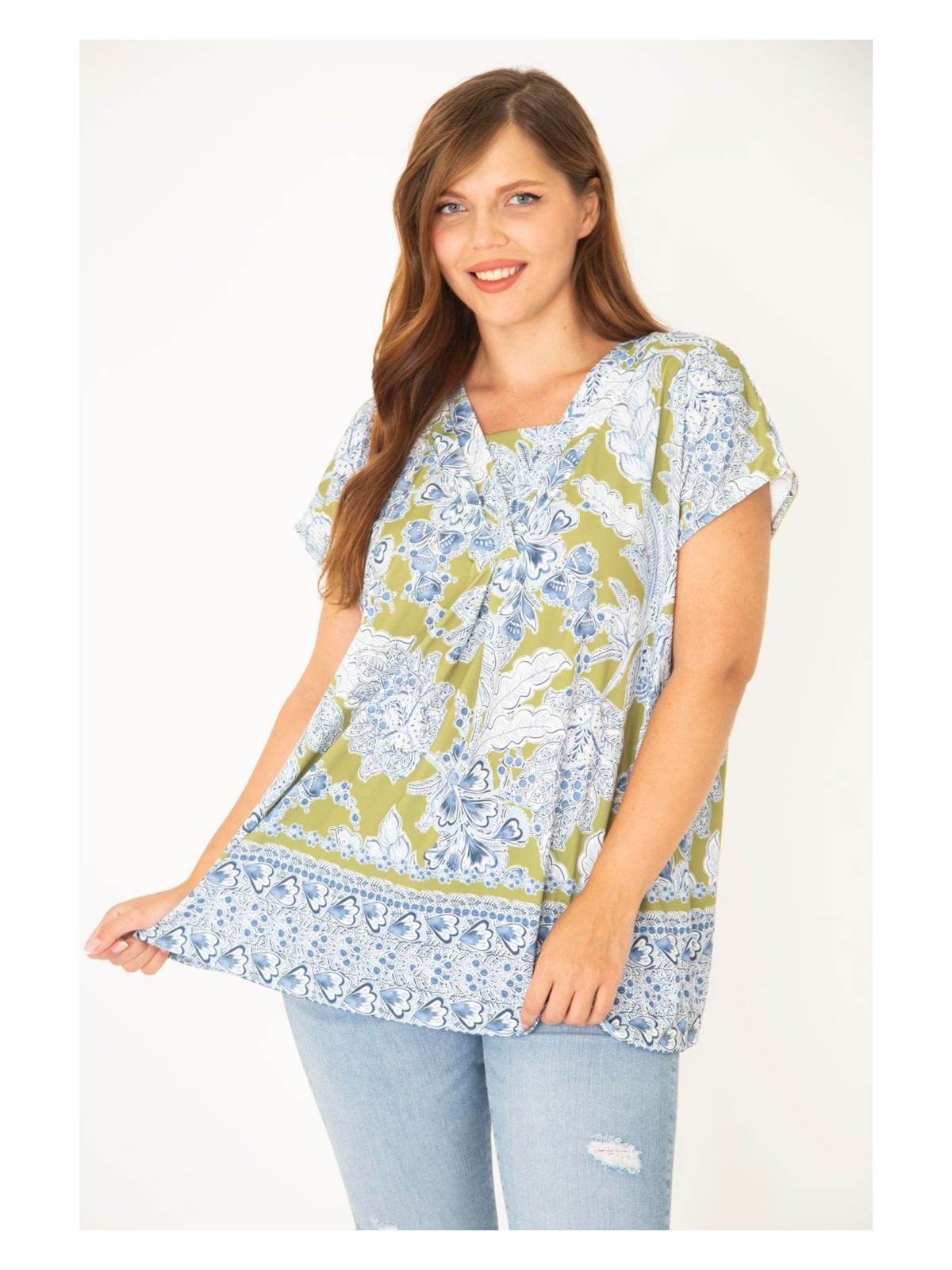 Şans Kadın Büyük Beden Mavi Yaka Detaylı Bluz 65N36918