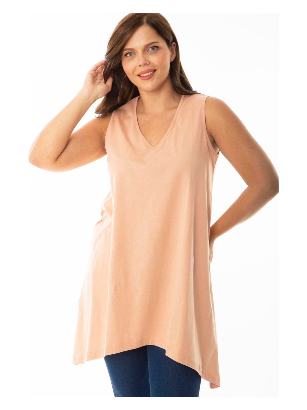 Şans Kadın Büyük Beden Somon V Yakalı Uzun Kolsuz Bluz 65N36920