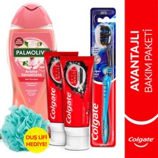 Colgate Optic White Diş Macunu 50 ml x2, Orta Diş Fırçası, Palmolive Duş Jeli 500 ml + Duş Lifi