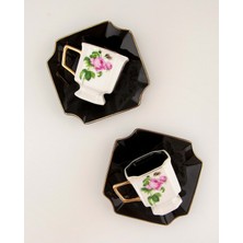 Bursa Porselen Dekor Pink Rose Black İki Kişilik Kahve Fincan Takımı