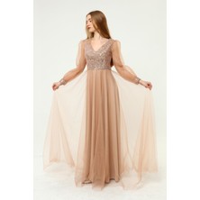 Asees Payet Detaylı V Yaka Tül Abiye Elbise