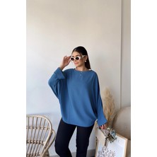 New Laviva Kadın Indigo Airobin Yarasa Duble Kol Salaş Bluz Ekstra Oversize Yuvarlak Yaka - Tesettüre Uygun