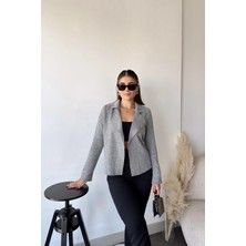 New Laviva Kadın Gri Uzun Kol, Yumuşak Dokulu, Çift Taraflı Yaka, Hırka Ceket