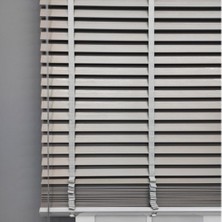 YS Perde Tasarım Wooden Blinds %100 Doğal Ahşap Jaluzi Perde 50MM, Alüminyum Kasalı Jaluzi - Gri Kurdelalı