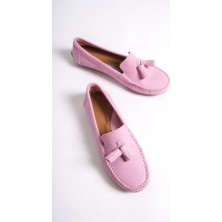 Mubiano 201-PMB Hakiki Deri Püsküllü Oval Burunlu Kadın Pembe Babet & Loafer Ayakkabı