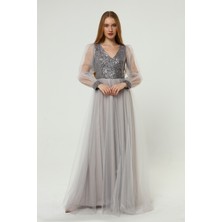 Asees Payet Detaylı V Yaka Tül Abiye Elbise