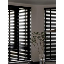 YS Perde Tasarım Wooden Blinds   Doğal Ahşap Jaluzi Perde 50mm, Alüminyum Kasalı Jaluzi - Siyah Kurdelalı