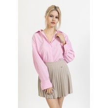 Quzu Ince Çizgili Gömlek, Pembe-Beyaz Gömlek, Terletmeyen, Pamuklu, Oversize, Rahat, Bol Gömlek