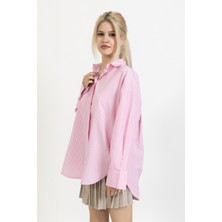 Quzu Ince Çizgili Gömlek, Pembe-Beyaz Gömlek, Terletmeyen, Pamuklu, Oversize, Rahat, Bol Gömlek