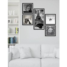 Wooden Factory Siyah Beyaz Eyfel Kulesi Mdf Tablo - 5 Parçalı Kolaj Duvar Dekoru- Uv Tablo Seti