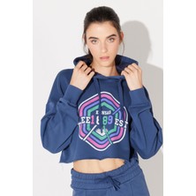 Lee Regular Fit Normal Kesim Kapüşonlu Şardonlu Crop Mavi Sweatshirt