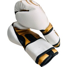 Whiteface Power Tech Deri Boks-Kickboks-Muay Thai Eldiveni (Beyaz-Gold) 10-12 Oz.