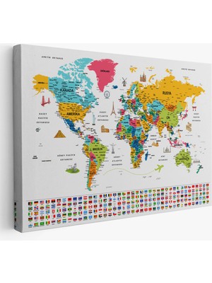 Stok Shop Türkçe Dünya Haritası Ayrıntılı Eğitici  Sembollü Bayraklı Dekoratif Kanvas Tablo 2868