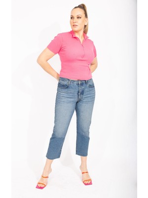 Şans Kadın Mavi Büyük Beden Yıkama Efektli Paçası Pis Dikişli Bilek Boy 5 Cep Kot Pantolon