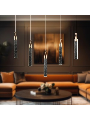 Apliqa Klaus 5'li Sıralı 3 Renkli 75 Watt Gold Kristal Ledli Modern Oturma Odası Salon Sarkıt Avize