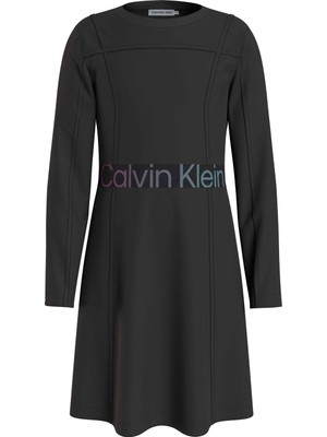 Calvin Klein Siyah Kız Çocuk Bisiklet Yaka Uzun Kollu Diz Üstü Düz Elbise IG0IG02230BEH