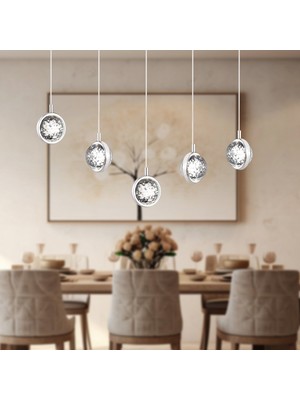 Apliqa Eldon 5'li Sıralı 3 Renkli 75 Watt Krom Kristal Ledli Modern Oturma Odası Salon Sarkıt Avize