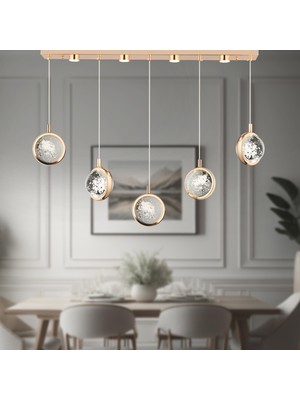 Apliqa Eldon 5'li Sıralı 3 Renk 75 Watt Gold Kristal Ledli Modern Oturma Odası Salon Sarkıt Avize